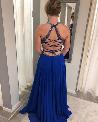 Open Back A Line Prom Dress with Crystal and Beading, Blue Long Evening Gowns, BH91202