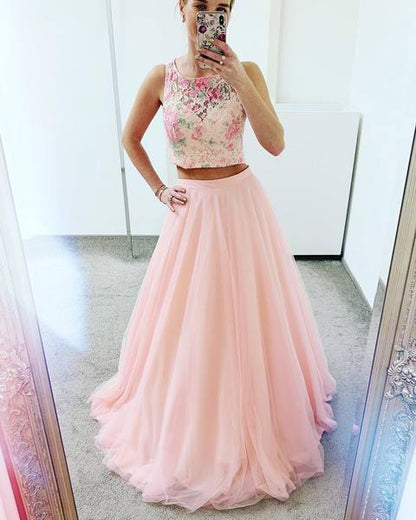 Two Piece Pink Prom Dress, Appliques Tulle Long Homecoming Dress, BH91205