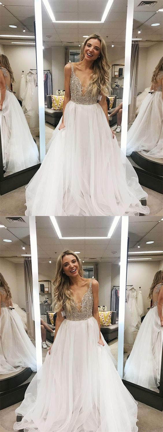 Beaded White Ball Gown Prom Dresses,Sweep Train White Chiffon Prom Party Dress,BH91084