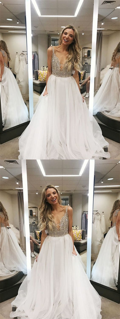 Beaded White Ball Gown Prom Dresses,Sweep Train White Chiffon Prom Party Dress,BH91084