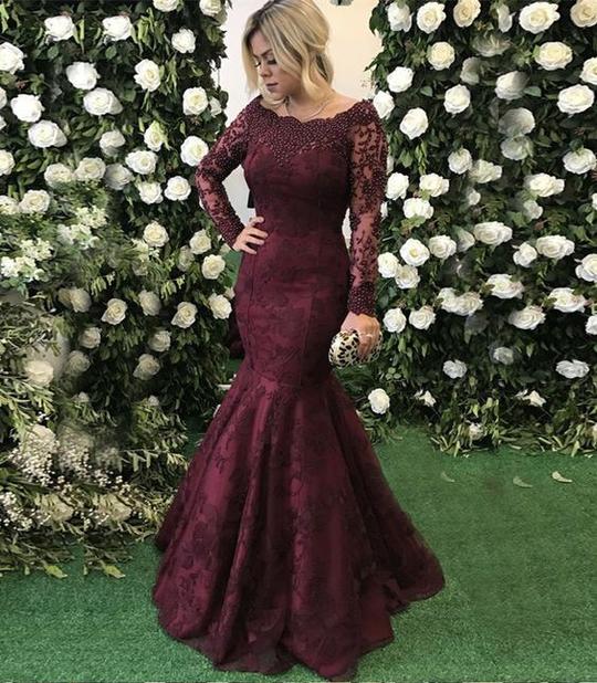 dark burgundy lace long sleeves mermaid formal floor length evening dresses,HO103