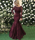 dark burgundy lace long sleeves mermaid formal floor length evening dresses,HO103