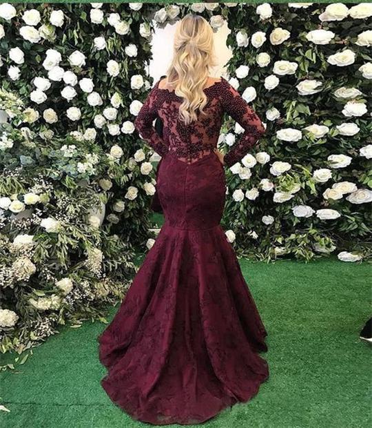 dark burgundy lace long sleeves mermaid formal floor length evening dresses,HO103