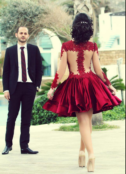Burgundy Homecoming Dress,Long Sleeve Homecoming Dresses,Elegant Homecoming Dress,short prom Dress,PD00199