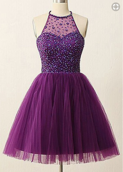 Elegant Purple Homecoming Dress,Short Beaded Prom Gowns,PD455846