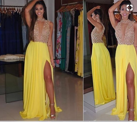 Sexy deep v-neck prom dress, Yellow chiffon party dress, Sparkly gorgeous beading prom dresses,PD455887