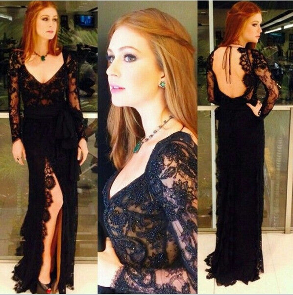 black prom Dress,lace Prom Dress,slit prom dress, long prom dress,evening party dress,BD660