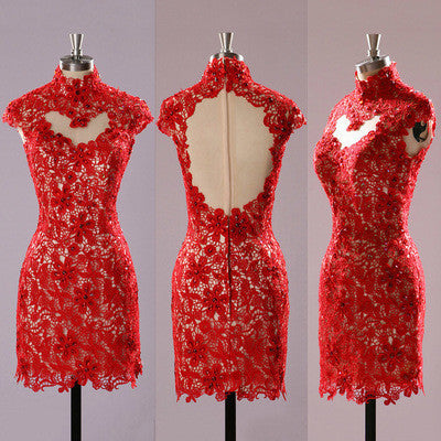 lace Homecoming dress,short homecoming Dresses,red prom dress,high neck backless prom dress,BD616