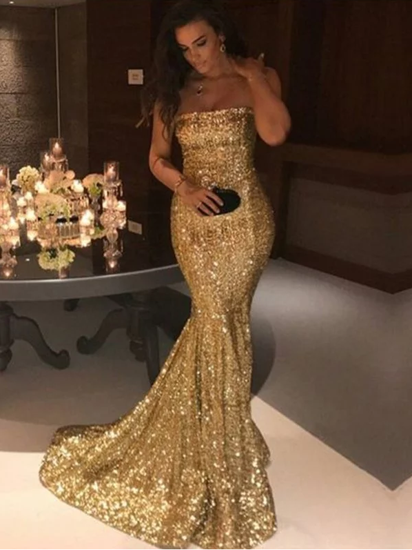 strapless gold sparkle mermaid long formal evening dress,BO74