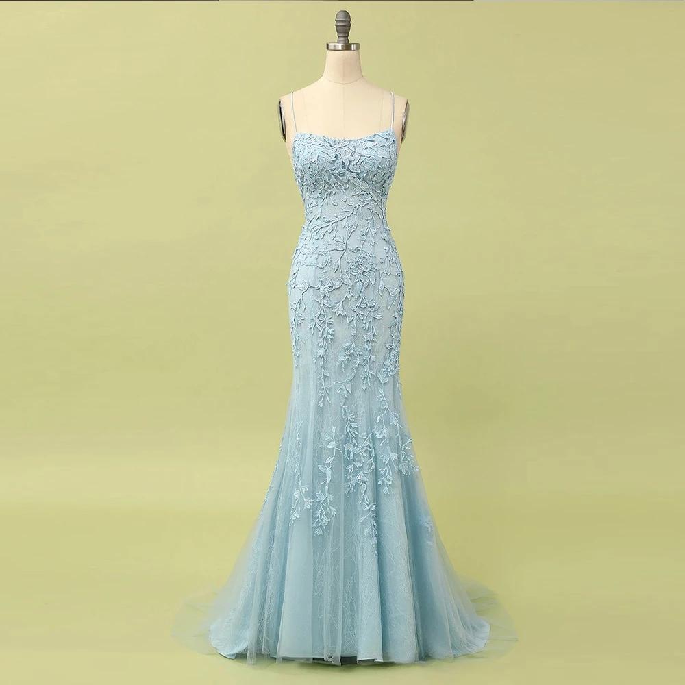 Sky Blue Long Mermaid Lace Appliques Prom Dresses,BD22035