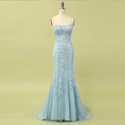 Sky Blue Long Mermaid Lace Appliques Prom Dresses,BD22035
