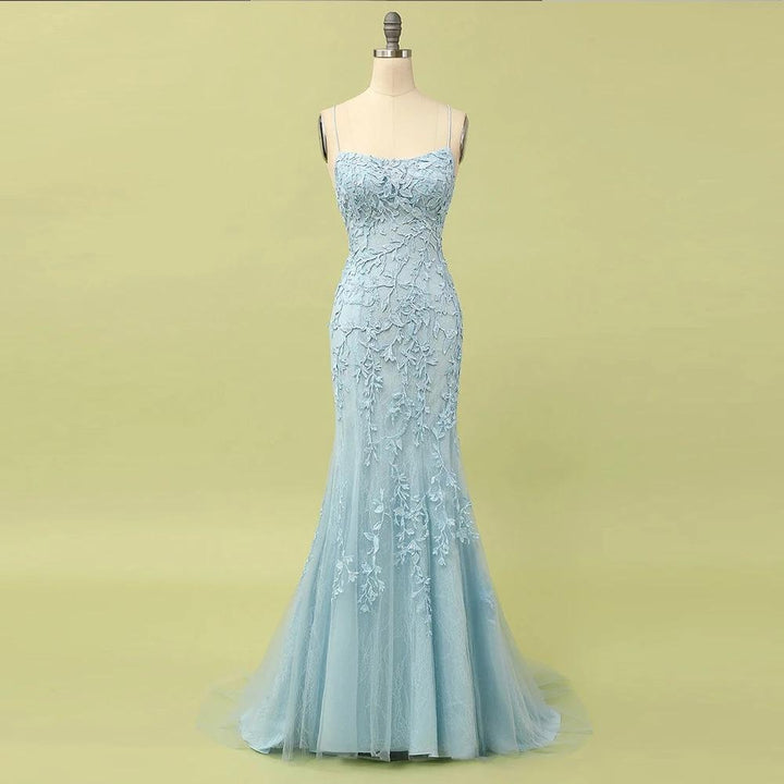Sky Blue Long Mermaid Lace Appliques Prom Dresses,BD22035