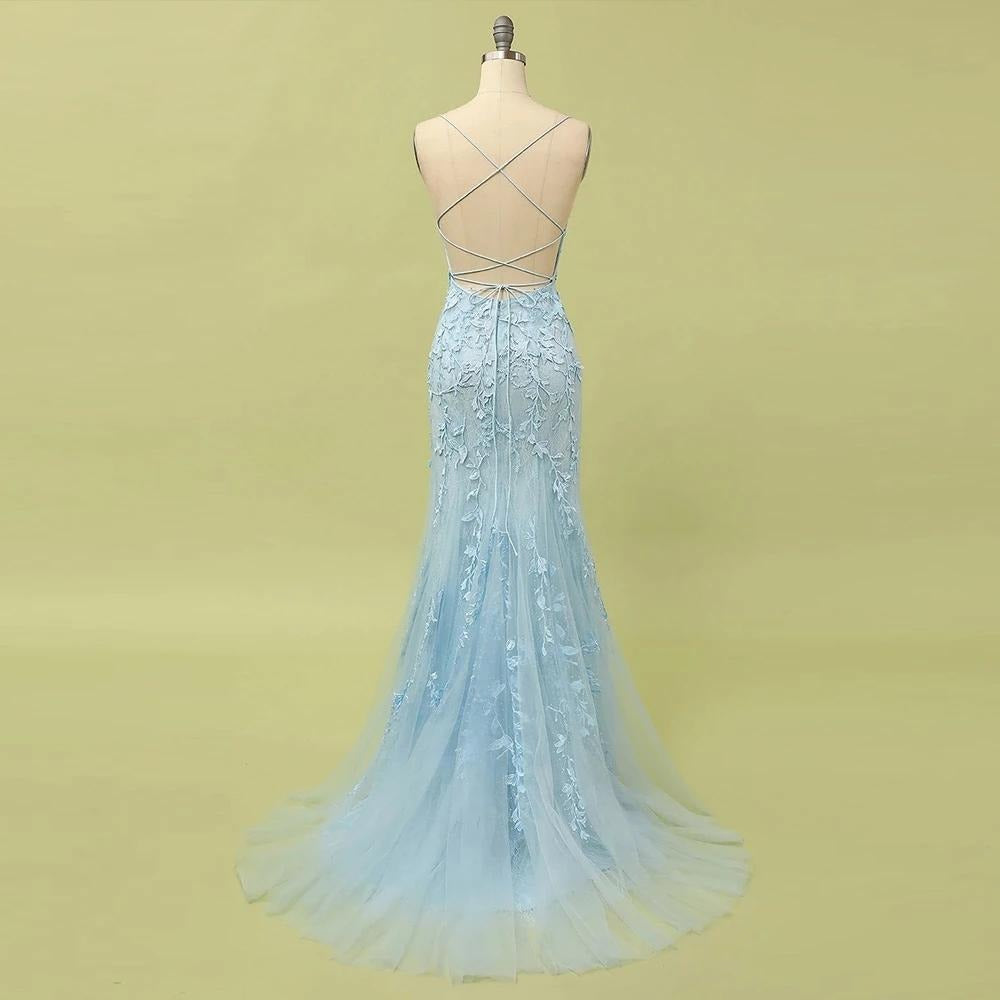 Sky Blue Long Mermaid Lace Appliques Prom Dresses,BD22035