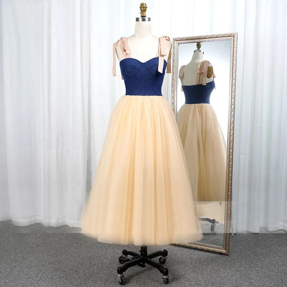 Simple Sweetheart Spaghetti Straps Prom Dresses Tulle Tea Length Evening Dresses,BD22042