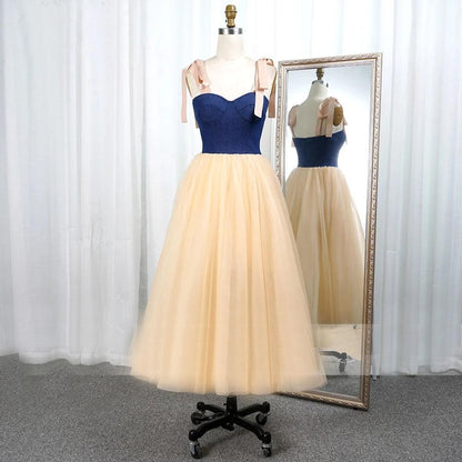 Simple Sweetheart Spaghetti Straps Prom Dresses Tulle Tea Length Evening Dresses,BD22042
