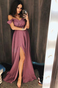 Simple A Line Off the Shoulder V Neck Ruffles Prom Dresses Slit Long Evening Dresses BD22078