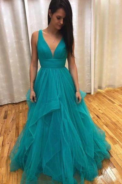 Simple A Line V Neck Tulle Green Criss Cross Prom Dresses Long Evening Dresses BD22077
