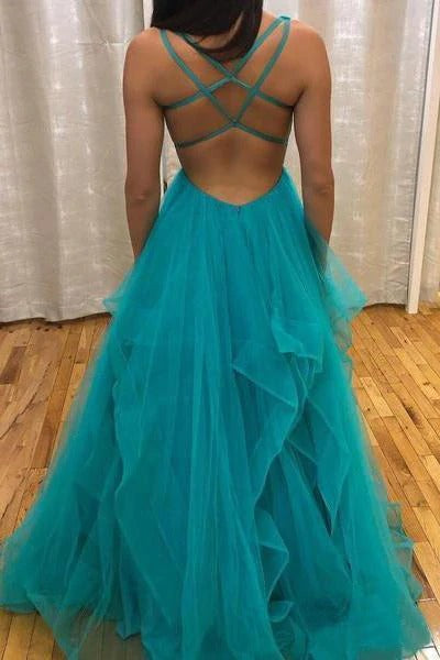 Simple A Line V Neck Tulle Green Criss Cross Prom Dresses Long Evening Dresses BD22077