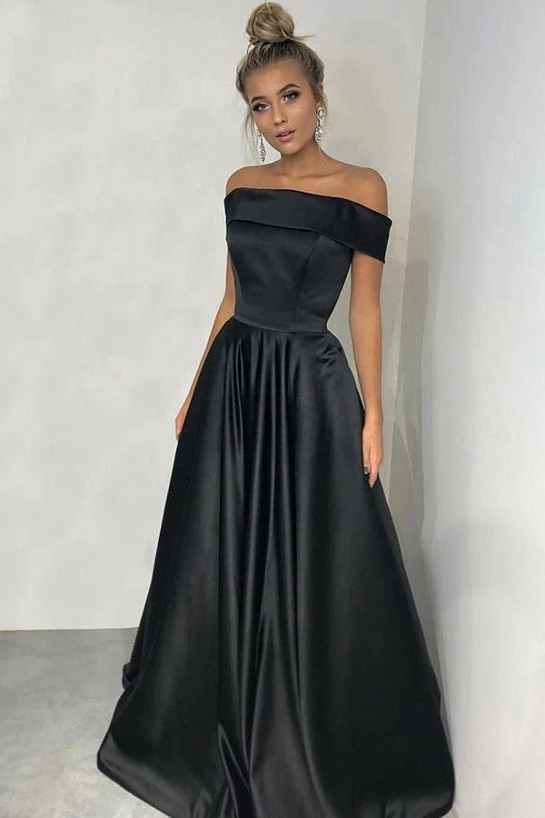 Simple Black A-line Off the Shoulder Satin Prom Dresses Long Party Dresses BD22076