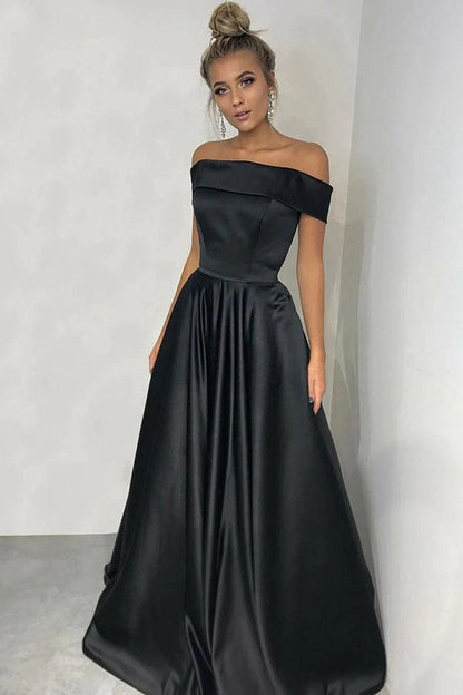 Simple Black A-line Off the Shoulder Satin Prom Dresses Long Party Dresses BD22076