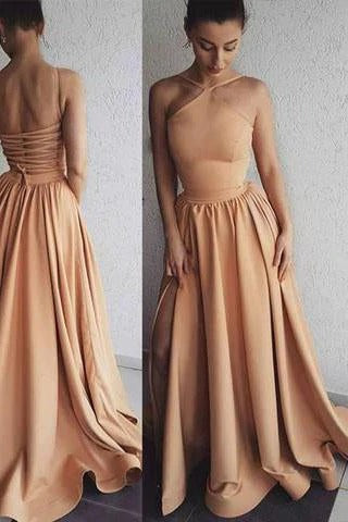 Simple Long Prom Dresses A-Line Tie Back Side Slit Sleeveless Formal Dresses BD22075