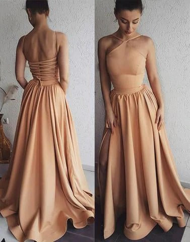 Simple Long Prom Dresses A-Line Tie Back Side Slit Sleeveless Formal Dresses BD22075
