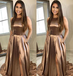 copper long simple sweep train long prom dresses with side slit,HO104