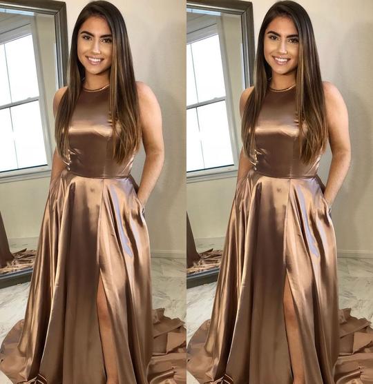 copper long simple sweep train long prom dresses with side slit,HO104