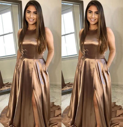 copper long simple sweep train long prom dresses with side slit,HO104