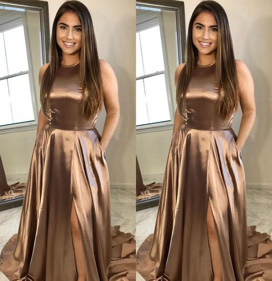 copper long simple sweep train long prom dresses with side slit,HO104