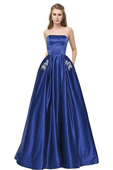 Simple Royal Blue Satin Strapless Beads Lace up Floor Length Prom Dresses with Pockets BD22073