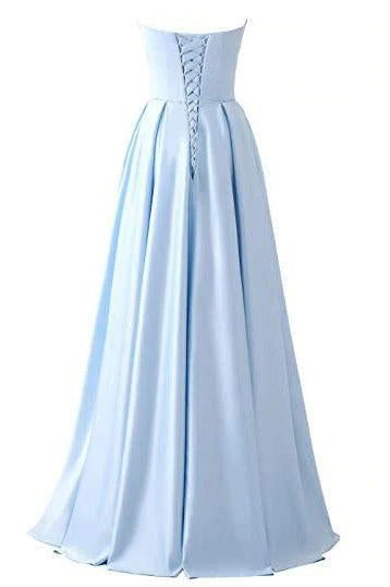 Simple Royal Blue Satin Strapless Beads Lace up Floor Length Prom Dresses with Pockets BD22073