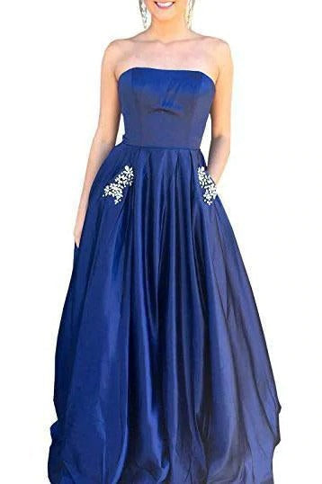 Simple Royal Blue Satin Strapless Beads Lace up Floor Length Prom Dresses with Pockets BD22073
