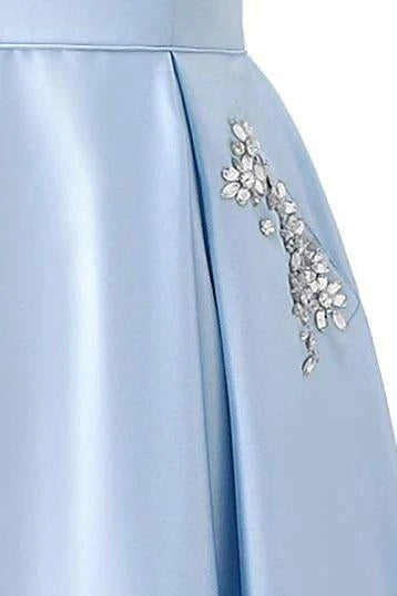 Simple Royal Blue Satin Strapless Beads Lace up Floor Length Prom Dresses with Pockets BD22073