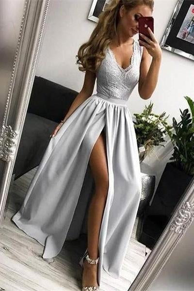 Simple Silver Long V-neck Lace Slit Satin Prom Dresses For Teens Party Dresses BD22072