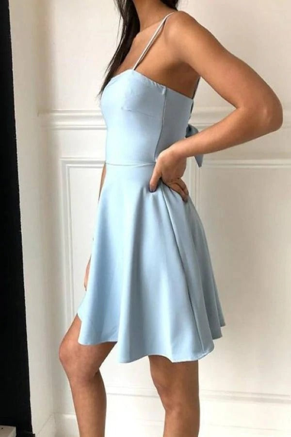 Simple Spaghetti Straps Light Blue Satin Homecoming Dresses Cute Short Prom Dresses BD22071