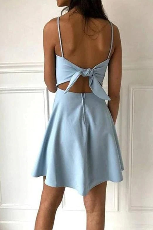 Simple Spaghetti Straps Light Blue Satin Homecoming Dresses Cute Short Prom Dresses BD22071