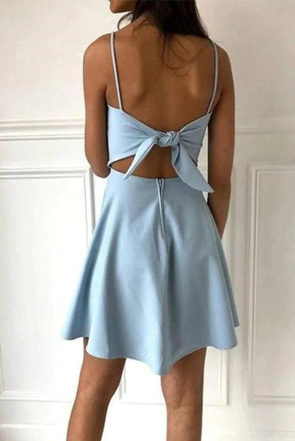 Simple Spaghetti Straps Light Blue Satin Homecoming Dresses Cute Short Prom Dresses BD22071
