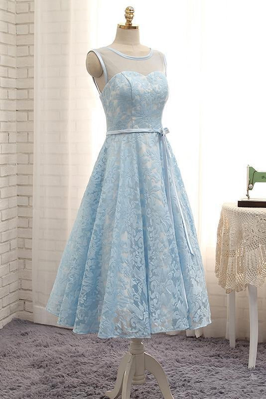 Simple Tea Length Light Blue Lace Homecoming Dress with Belt Short Prom Dress BD22069