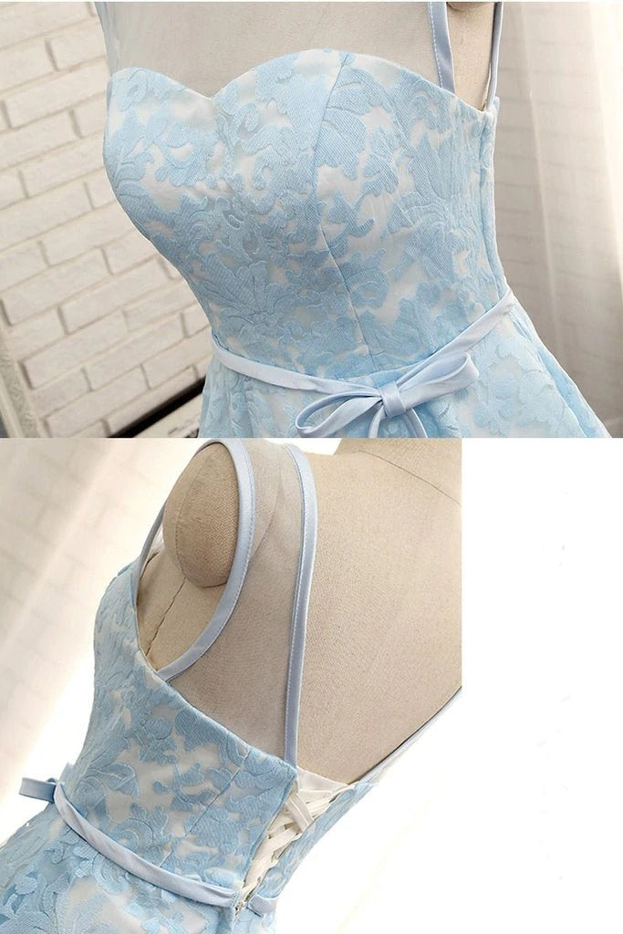 Simple Tea Length Light Blue Lace Homecoming Dress with Belt Short Prom Dress BD22069