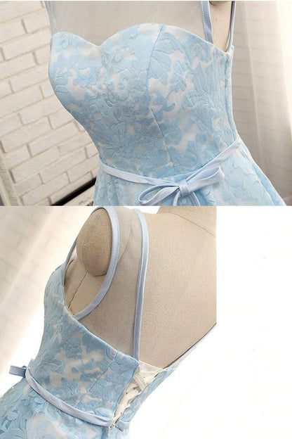 Simple Tea Length Light Blue Lace Homecoming Dress with Belt Short Prom Dress BD22069