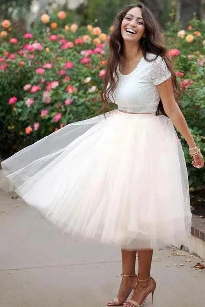 Simple Two Pieces Round Neck Ivory Short Prom Dress with Lace Homecoming Dresses BD22068