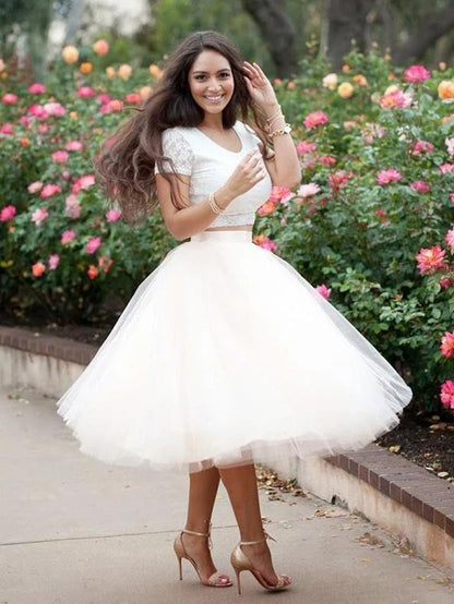 Simple Two Pieces Round Neck Ivory Short Prom Dress with Lace Homecoming Dresses BD22068