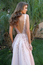 Simple  V Neck Long A-line Pink Sequins Open Back Simple Flowy Prom Dresses BD22067