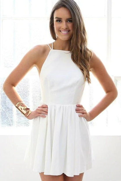 Simple White Spaghetti Straps Prom Dress Open Back Evening Dress Homecoming Dress BD22066