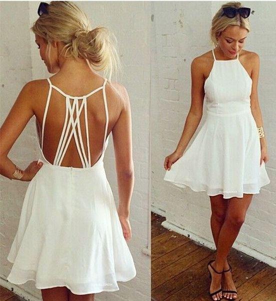 Simple White Spaghetti Straps Prom Dress Open Back Evening Dress Homecoming Dress BD22066