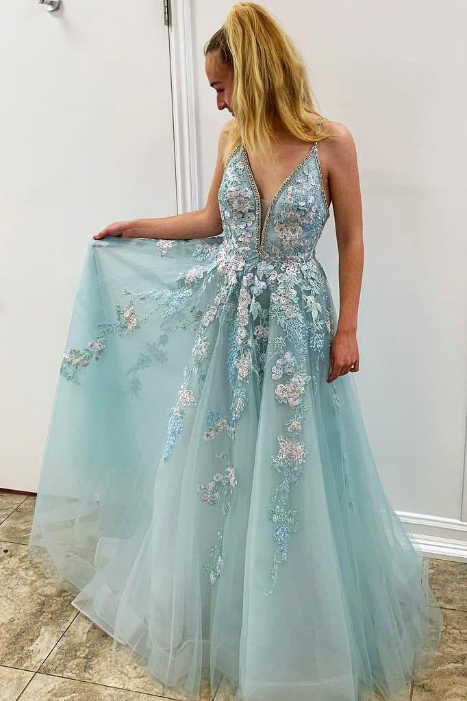 Spaghetti Straps Floral Beading Long Mint Green Prom Dress V Neck Tulle Formal Dress BD22065