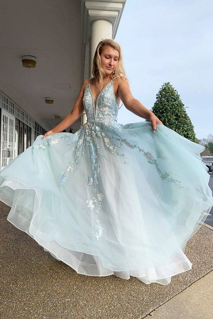 Spaghetti Straps Floral Beading Long Mint Green Prom Dress V Neck Tulle Formal Dress BD22065