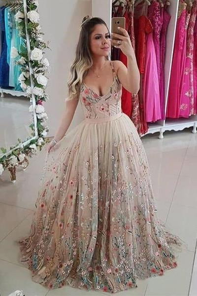 Spaghetti Straps Floral Embroidery Sweetheart Prom Dresses Long Formal Dress BD22064