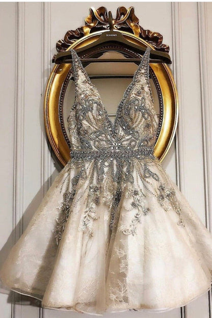 Spaghetti Straps Tulle Beads Deep V Neck Homecoming Dresses V Back Short Prom Dress BD22061